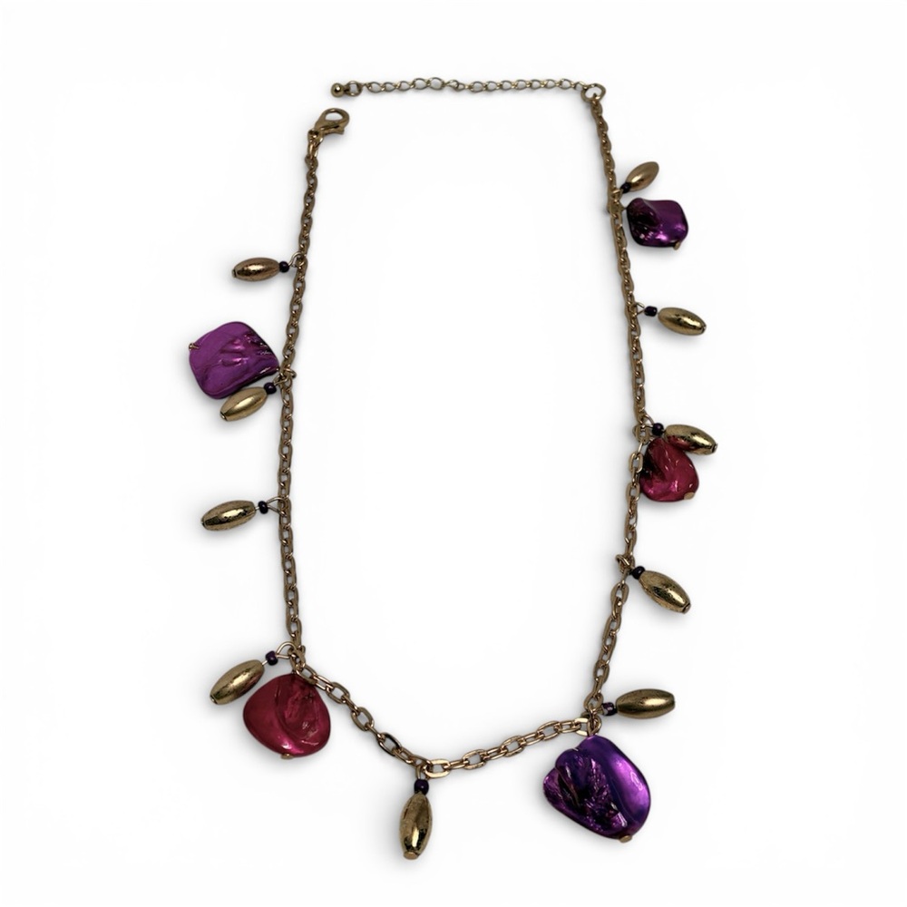 Handmade Beaded Chain Choker Necklace Purple Pink Shell Gold Tone 20.5 Inches